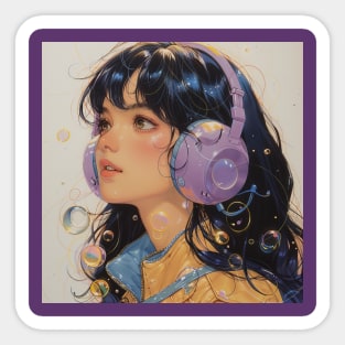 Anime Girl Listening To Music Retro Sticker